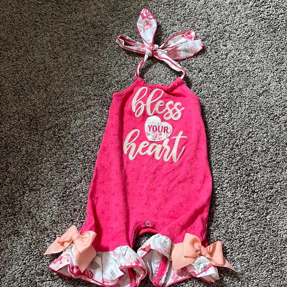 Ricrac & ruffles 3/6 months jumpsuit with halter tie.